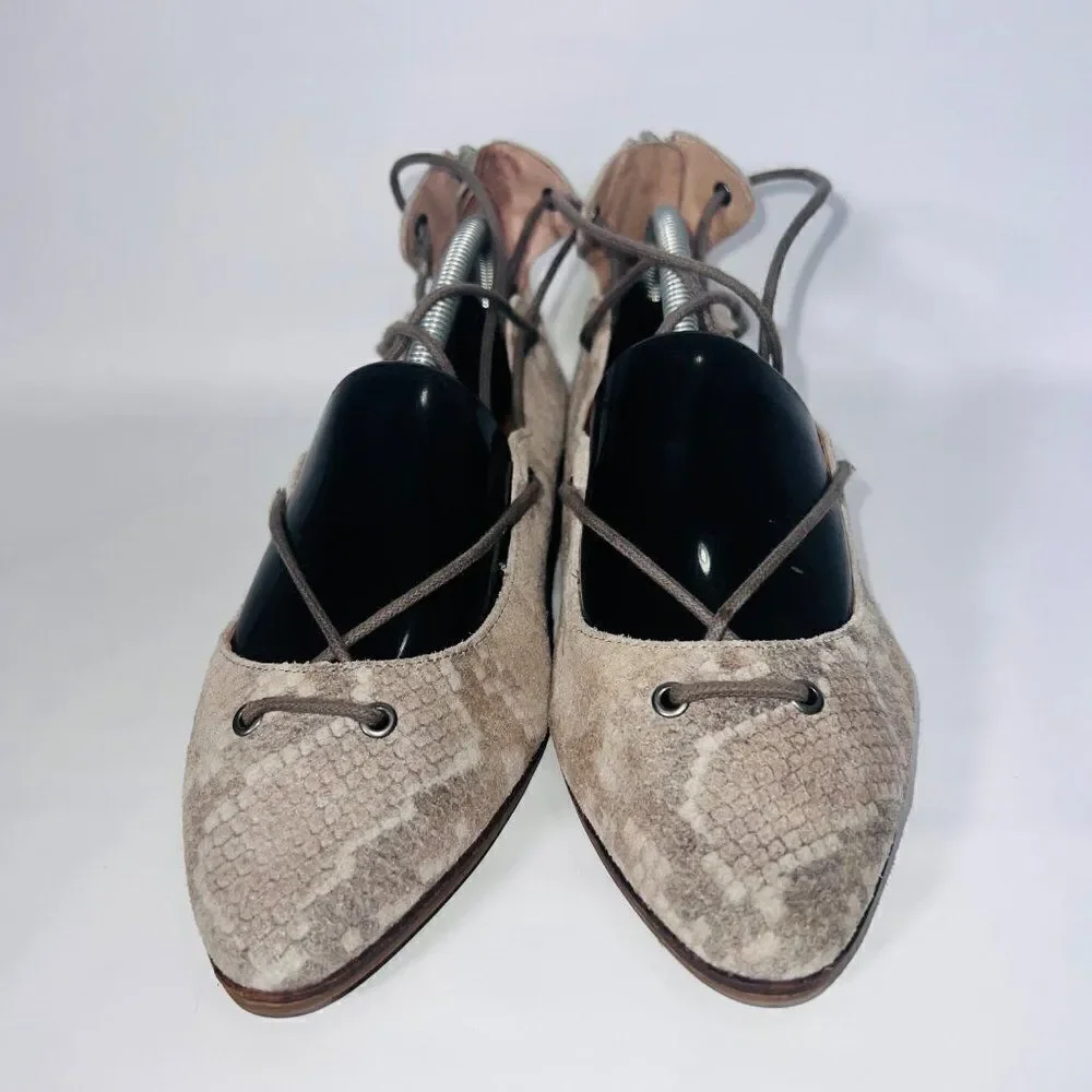 Lucky Brand Billoh Snake Print Suede‎ Pointed Toe Lace-up Flats Women's 7